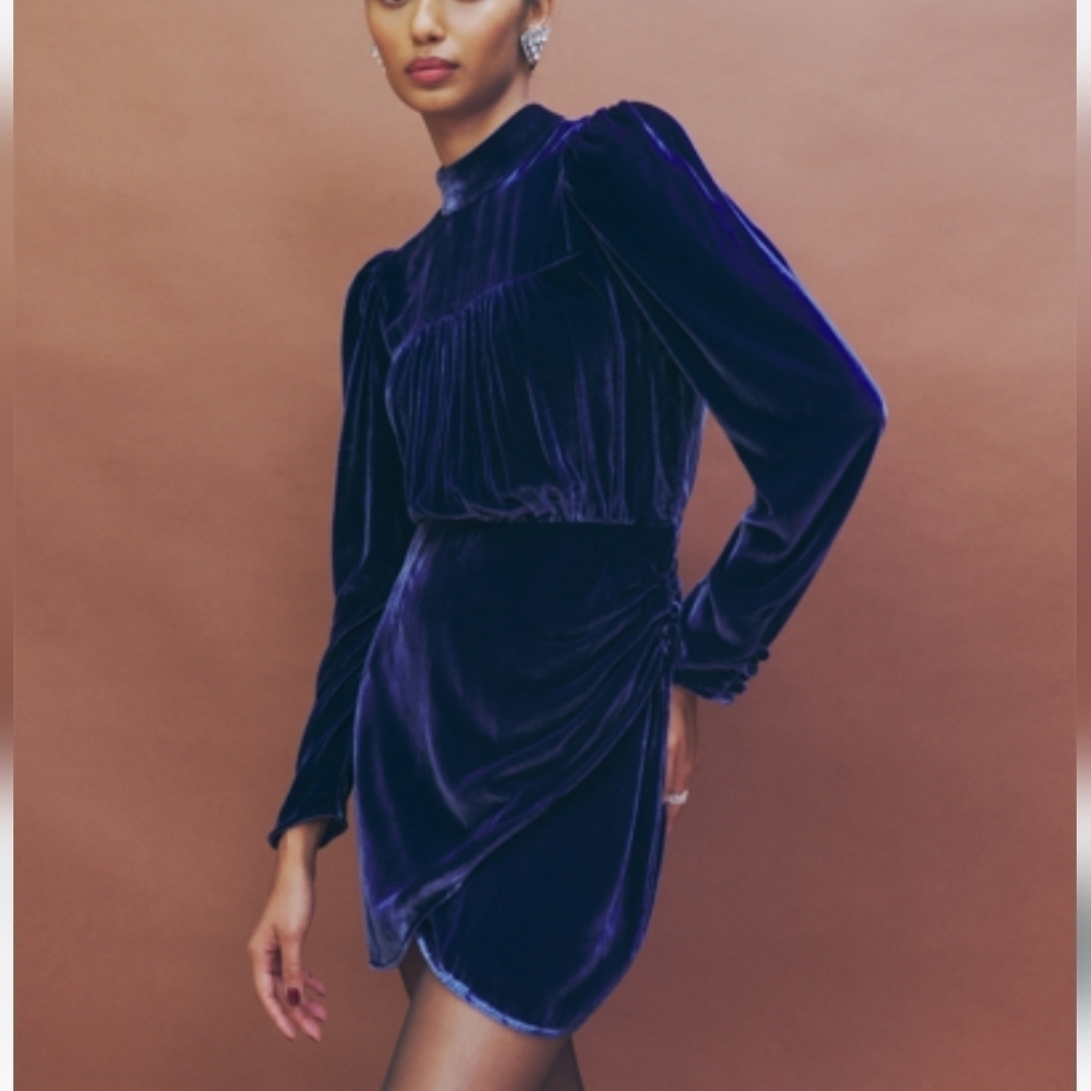 Reformation Evora Velvet Dress Danube 2 Fitted Faux Wrap Skirt Puff Sleeve Silk